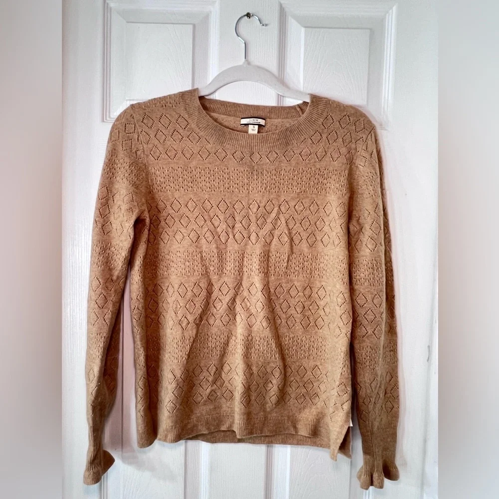 J.Crew Tan 100 % Cashmere Crewneck Sweater in Fine Gauge Pointelle Stich Size S